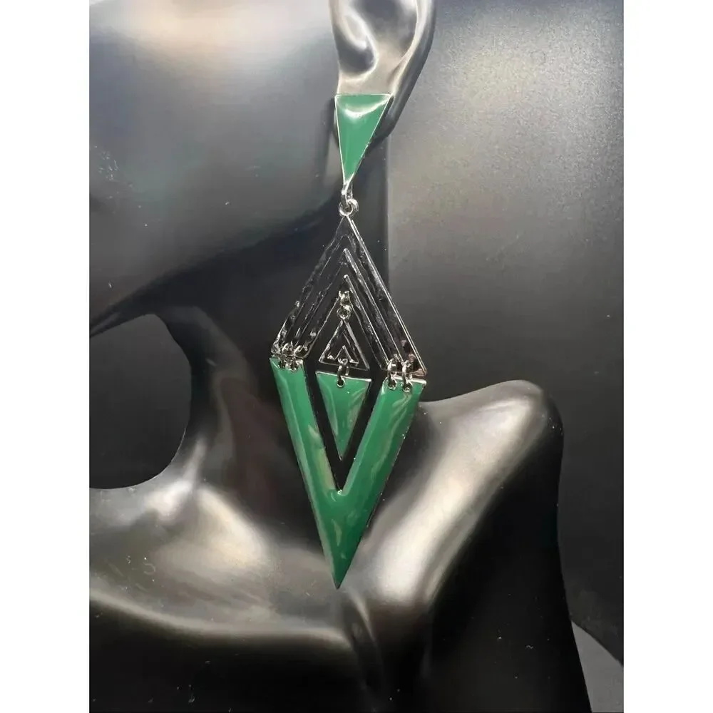 Mia Collection Black Forest Green Enamel Diamond Chevron Triangle Earrings